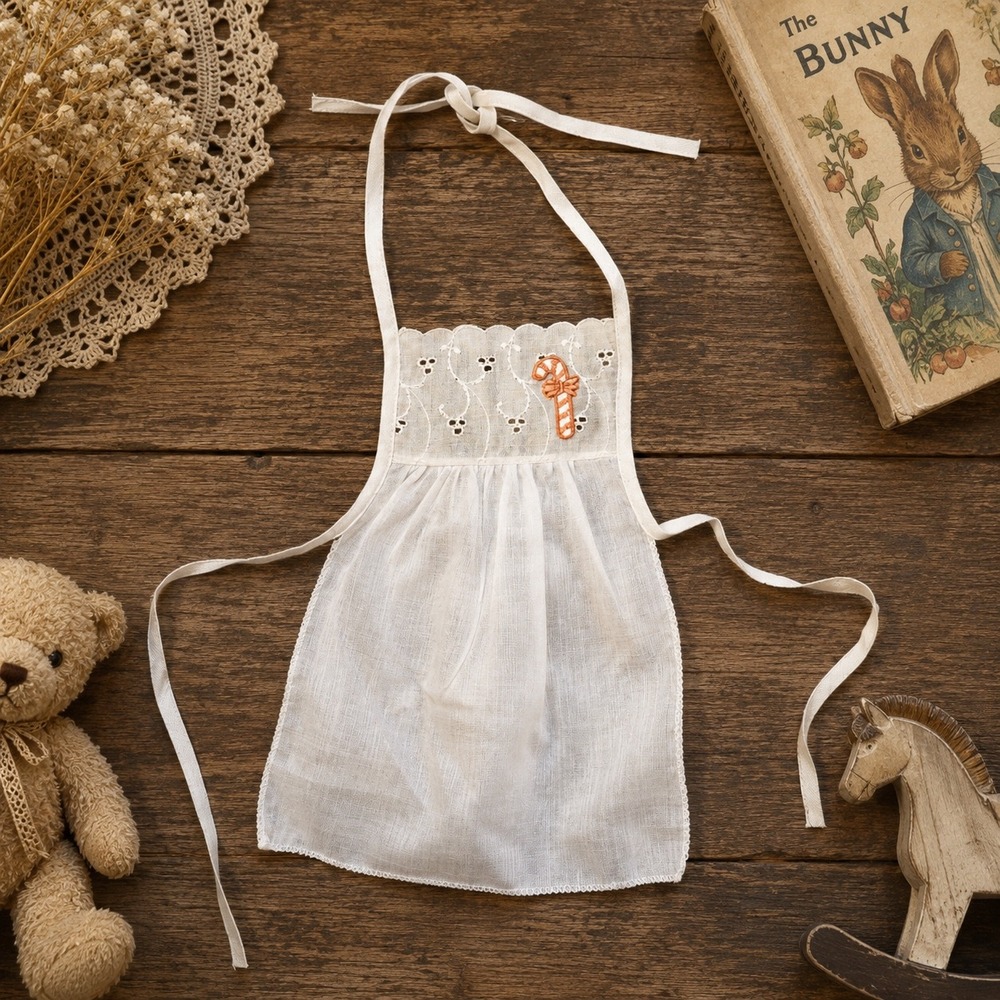 Vintage Doll Apron White Eyelet Lace Candy Cane Embroidery Christmas Miniature